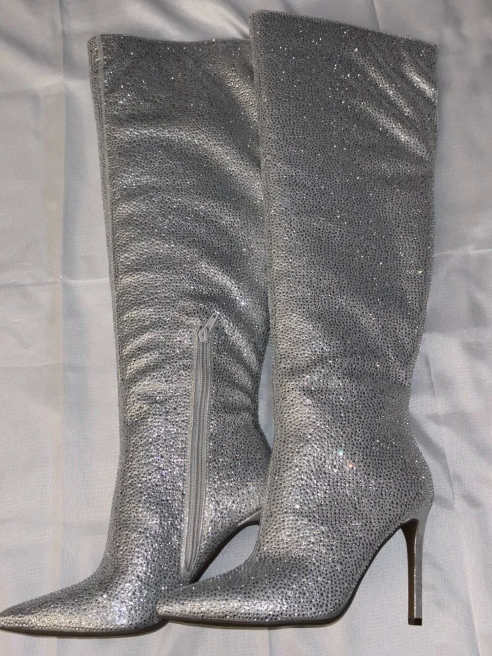 NIB INC Saveria Silver Rhinestone Bling Knee-High Stiletto Boots Women’s 6.5M